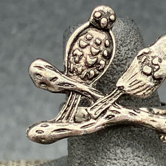 Perched Birds Double Ring Branch Silver Rhinestone Retro BoHo Soft Girl Cottage - Picture 2 of 10